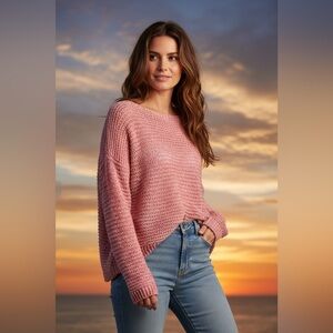 Razzle Dazzle Small Petite Sweater Coral White Open Weave Marled Knit Semi Sheer